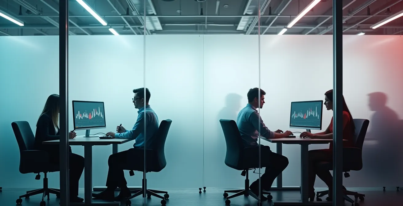 Deux salles de presse séparées par un mur de verre montrant des réalités médiatiques distinctes