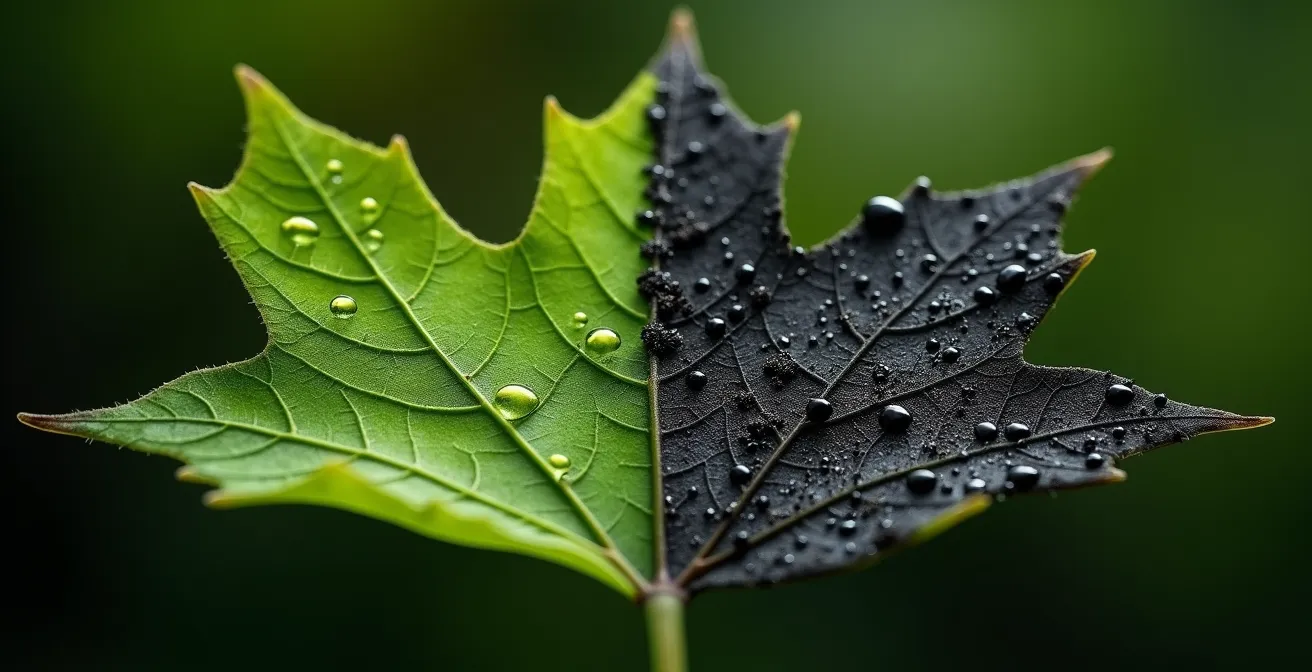 Détail macro d'une feuille d'érable avec des gouttes de pétrole créant un contraste symbolique