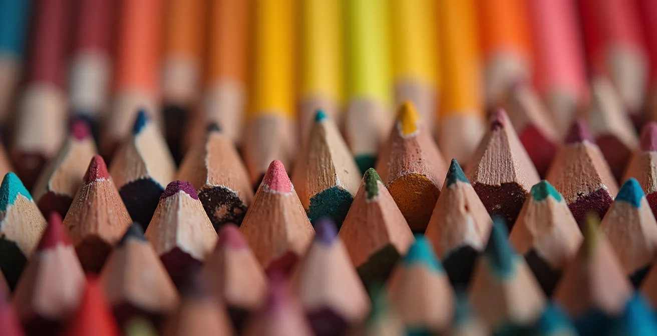 Vue macro de crayons de couleur symbolisant la diversité linguistique dans les écoles québécoises