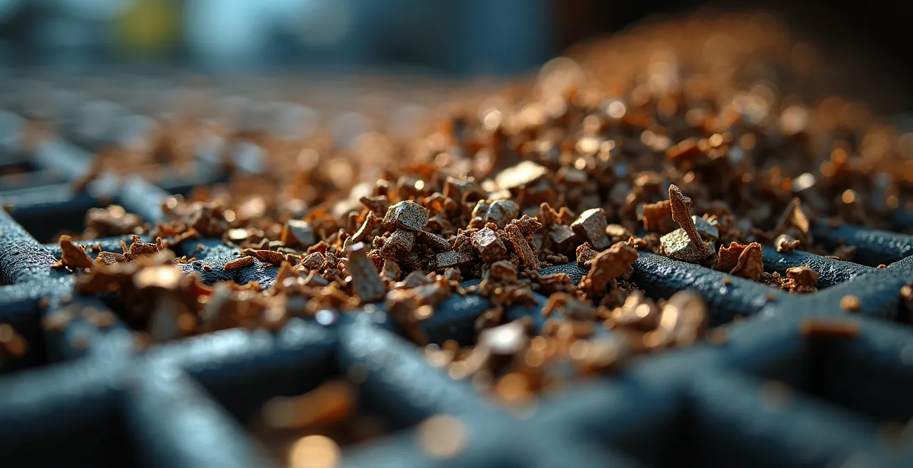 Vue macro de matériaux recyclés transformés dans une usine canadienne durable