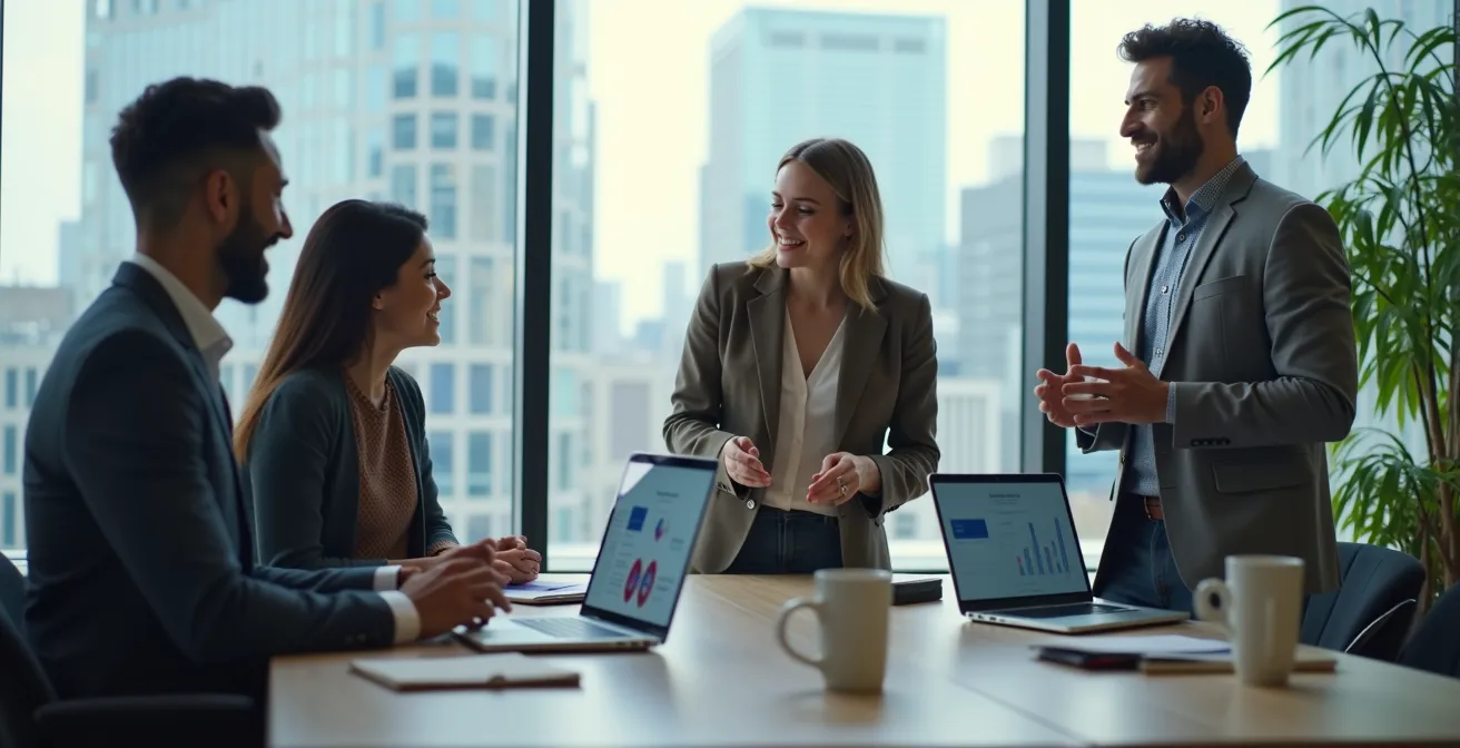 Professionnels travaillant dans un bureau moderne avec vue sur le centre-ville canadien