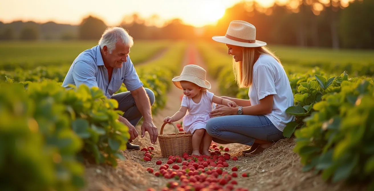 Famille souriante dans un champ de fraises québécois en pleine cueillette estivale, paniers remplis de fruits rouges
