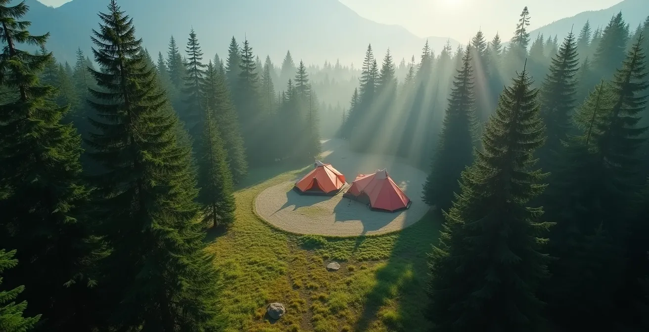 Vue aérienne d'un festival en pleine forêt de Colombie-Britannique avec installations artistiques