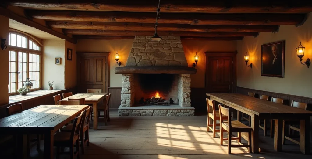 Intérieur d'une taverne du 18ème siècle avec murs en pierre, poutres apparentes et cheminée traditionnelle