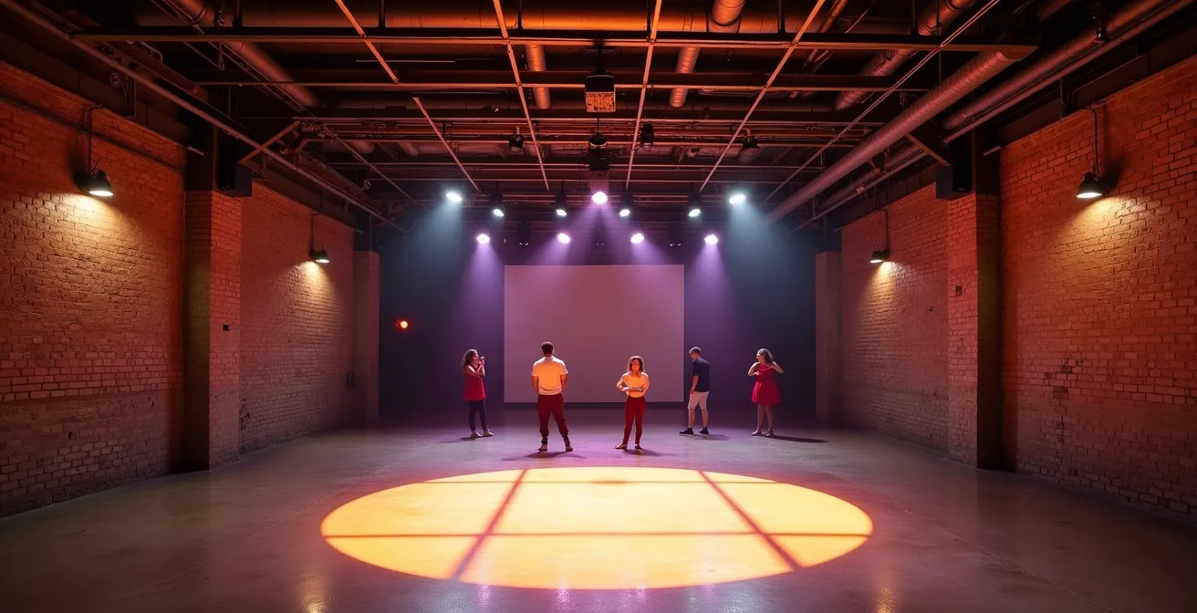 Espace de performance alternatif avec murs de briques exposées et éclairage industriel créatif