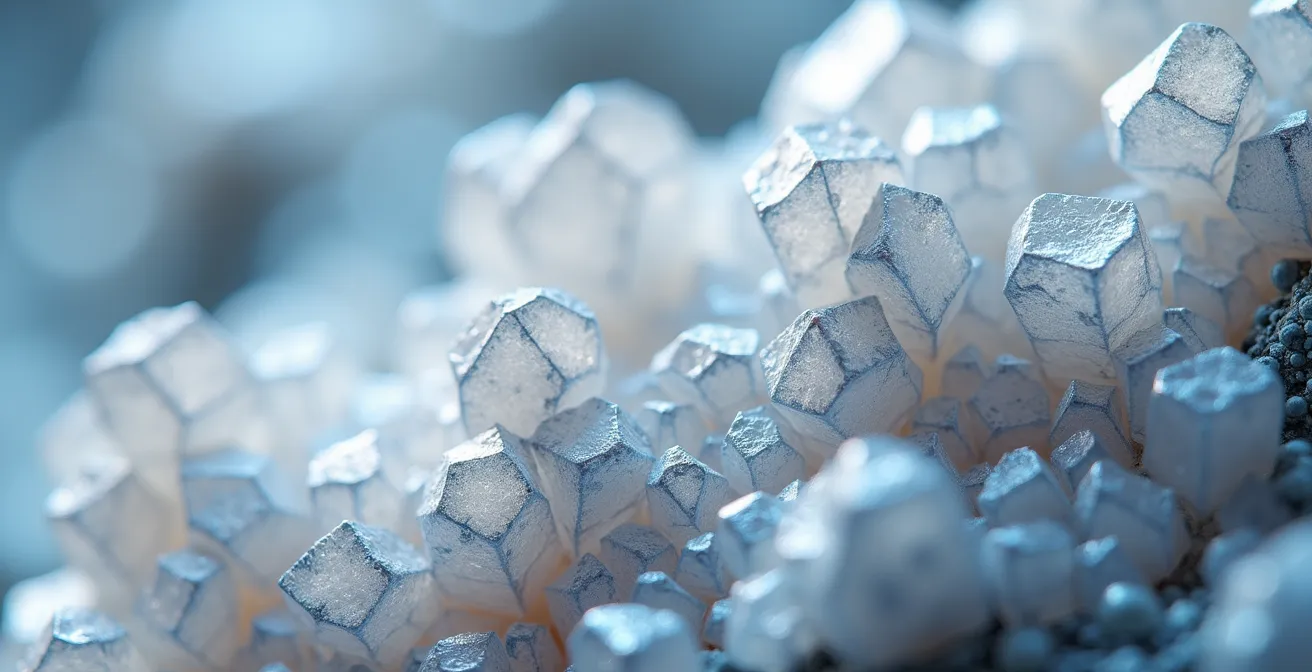 Détail macro d'un cristal de lithium avec reflets lumineux sur surface minérale