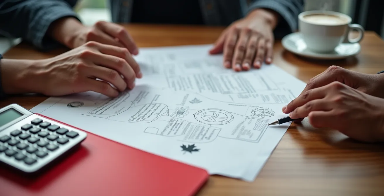 Gros plan sur des mains organisant des documents officiels canadiens sur une table