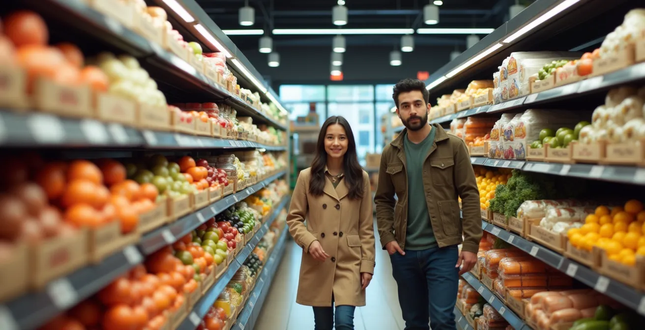 Intérieur d'un supermarché canadien moderne avec allées remplies de produits et clients faisant leurs courses