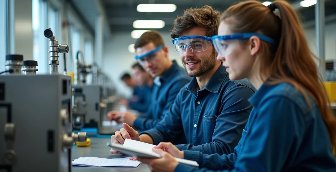 Étudiants en laboratoire technique d'un collège canadien travaillant sur des équipements spécialisés