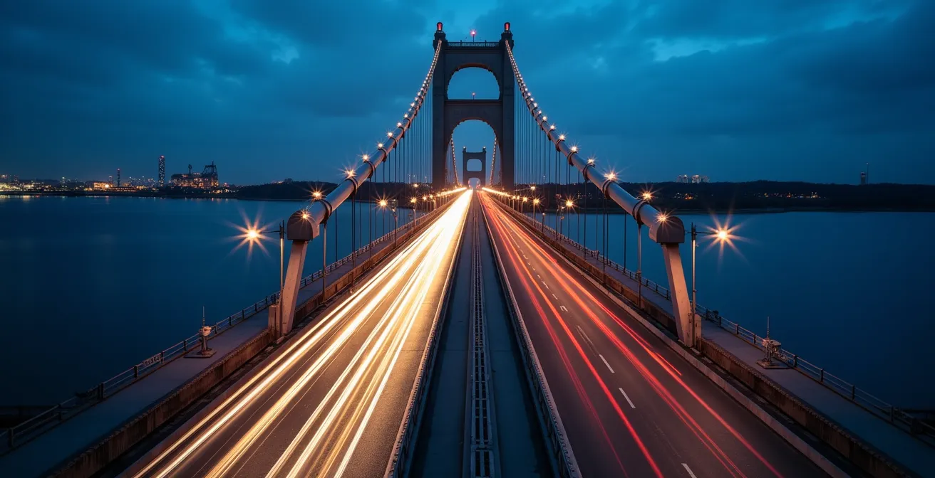 Vue du pont Ambassador reliant le Canada et les États-Unis avec circulation de camions commerciaux