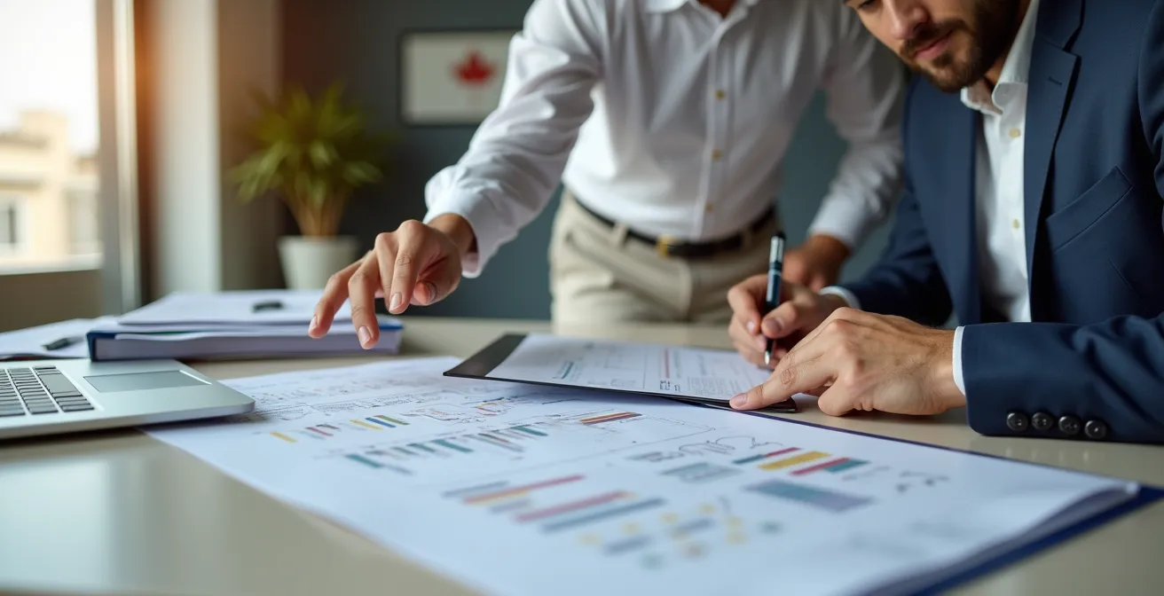 Consultant en immigration expliquant le processus EIMT à un chef d'entreprise canadien dans un bureau moderne avec documents et ordinateur portable