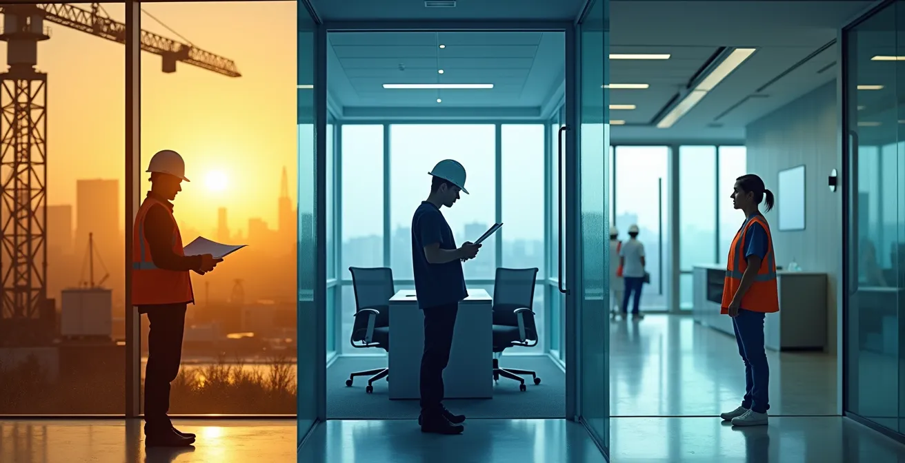 Collage de professionnels canadiens en action : ingénieur sur chantier, infirmière en hôpital, développeur en startup, représentant la diversité des métiers recherchés