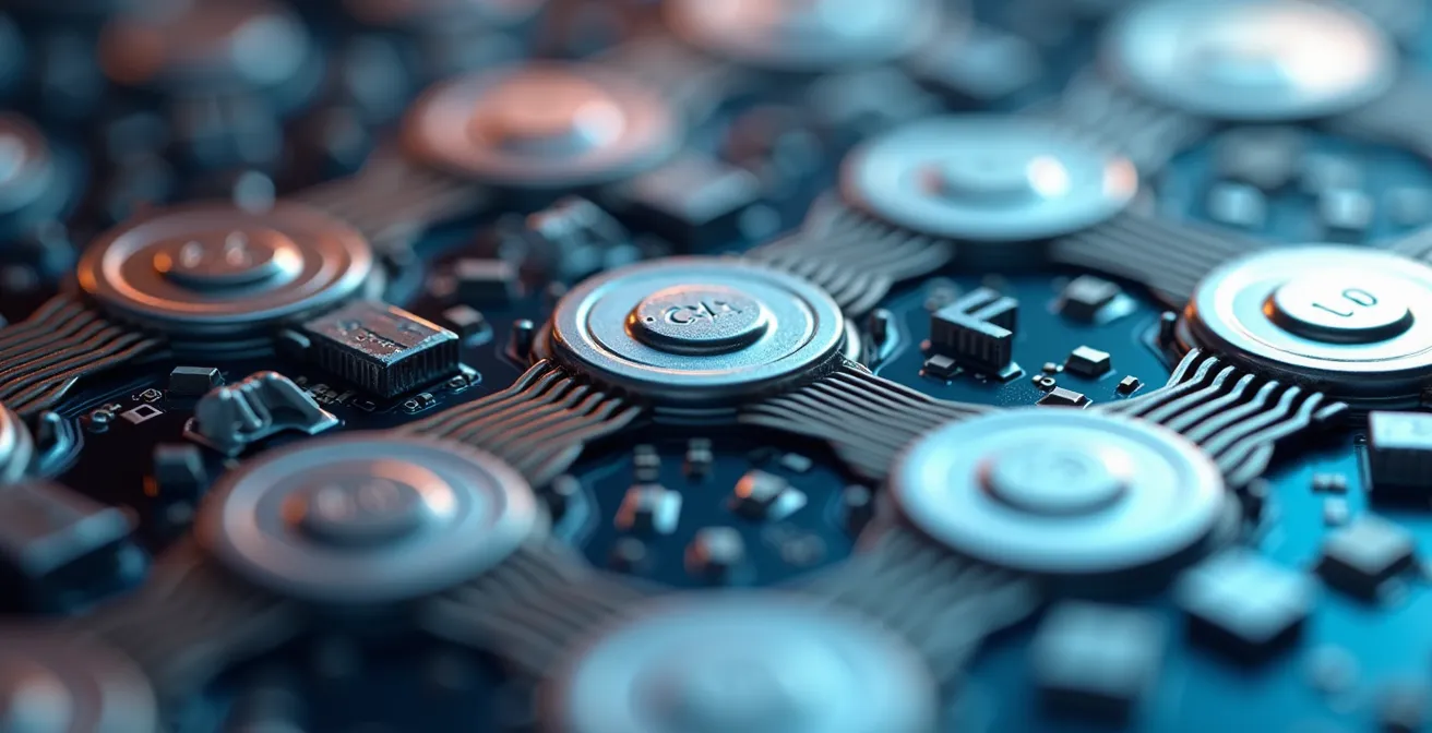 Vue macro détaillée de composants de batteries électriques symbolisant la nouvelle bataille économique interprovinciale