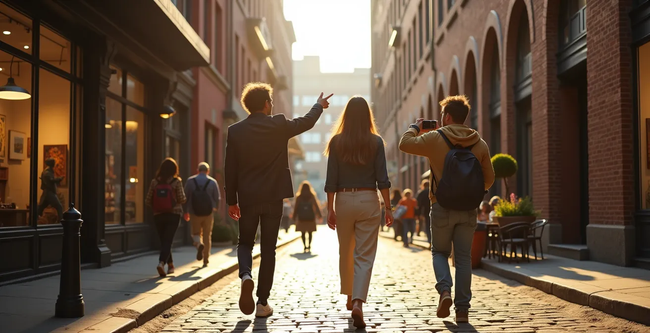 Visiteurs déambulant dans un quartier de galeries d'art à Montréal avec architecture industrielle
