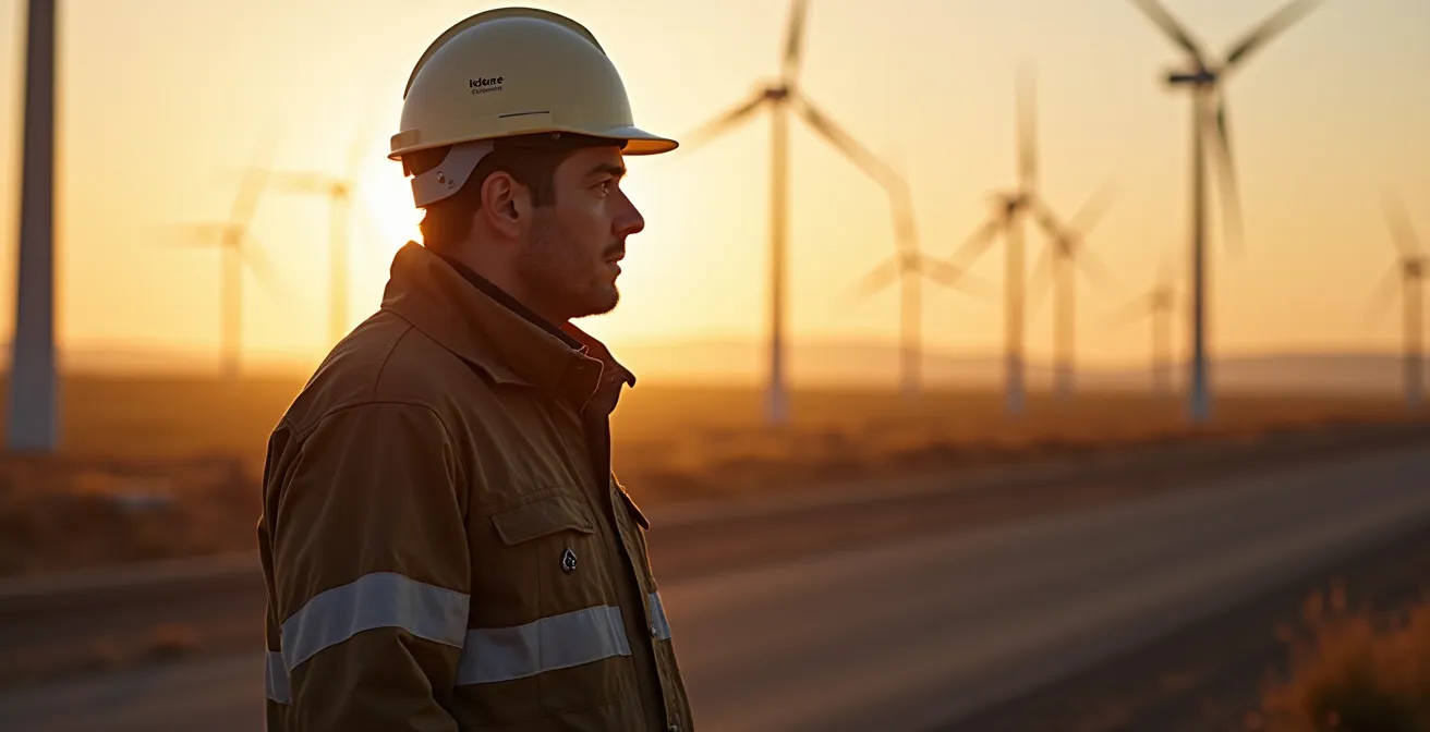 Portrait d'un travailleur du pétrole regardant vers l'horizon avec casque de sécurité