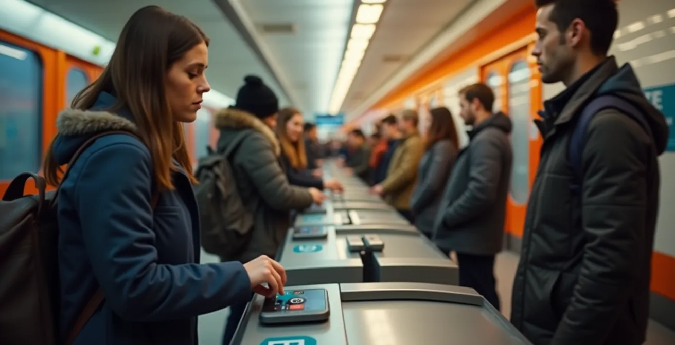 Station de métro moderne de Montréal avec voyageurs utilisant leurs cartes OPUS