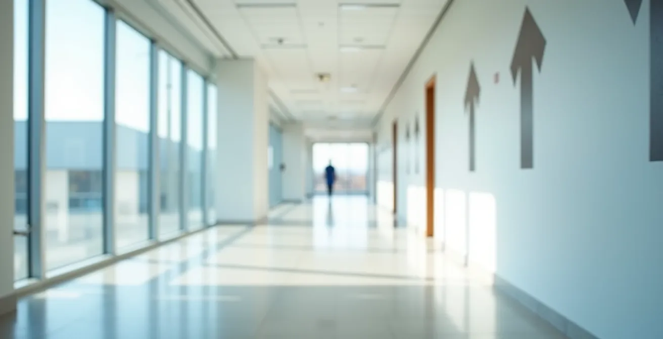 Vue large d'un corridor d'établissement de santé québécois moderne avec espace négatif dominant