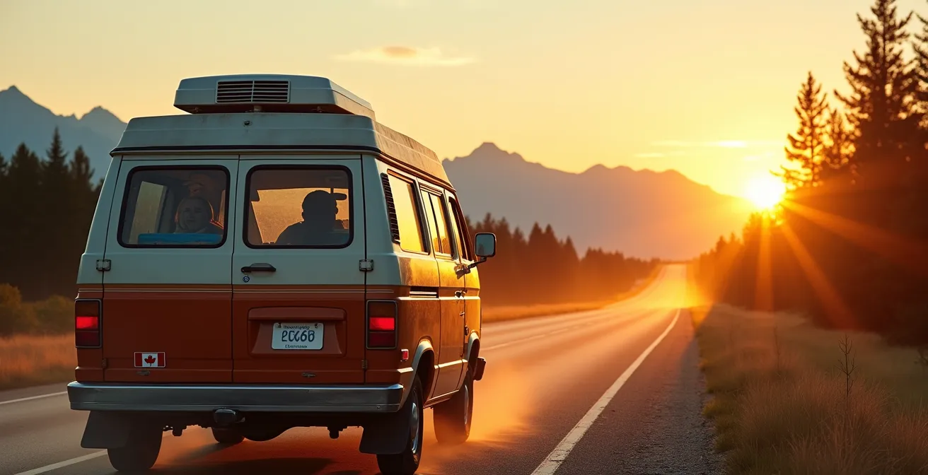 Van aménagé sur route panoramique canadienne avec montagnes Rocheuses en arrière-plan