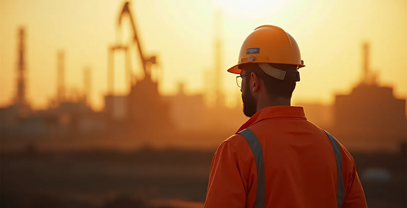 Travailleur de l'industrie pétrolière regardant l'horizon industriel au coucher du soleil