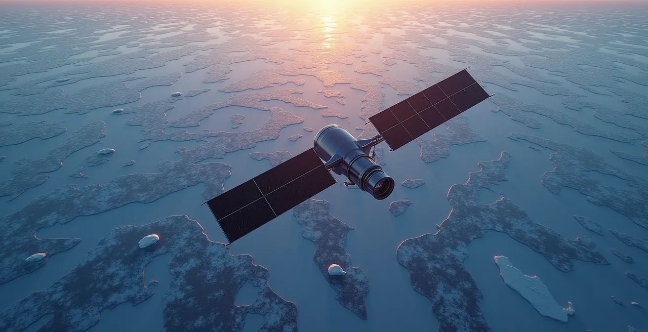 Vue minimaliste d'un satellite survolant les étendues glacées de l'Arctique canadien au crépuscule