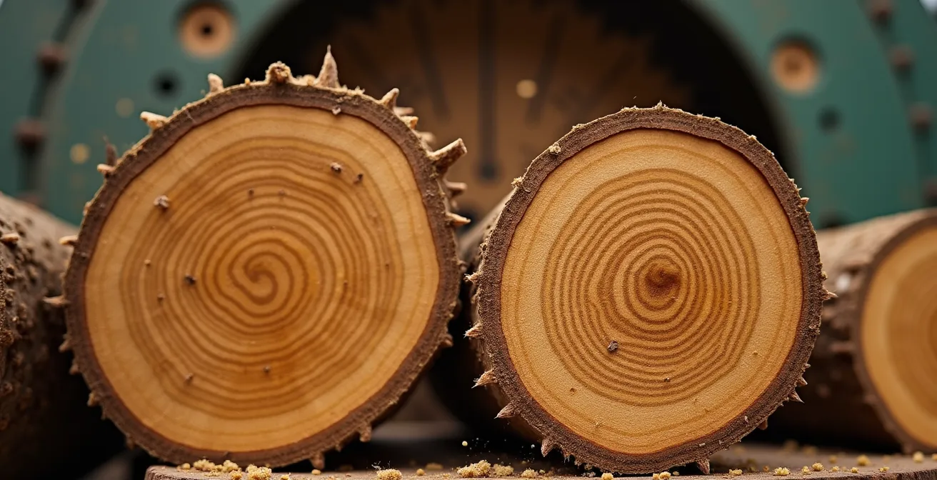Intérieur d'une scierie canadienne moderne avec piles de bois d'œuvre