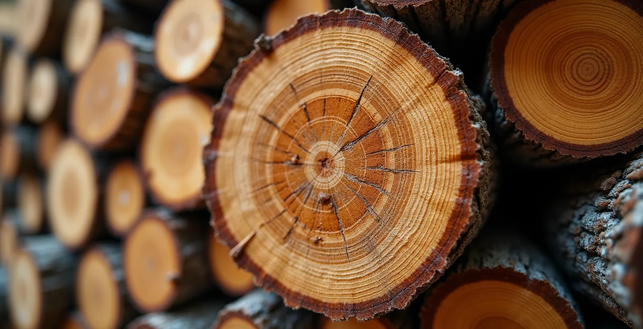 Scierie canadienne moderne avec billots de bois empilés représentant l'industrie forestière