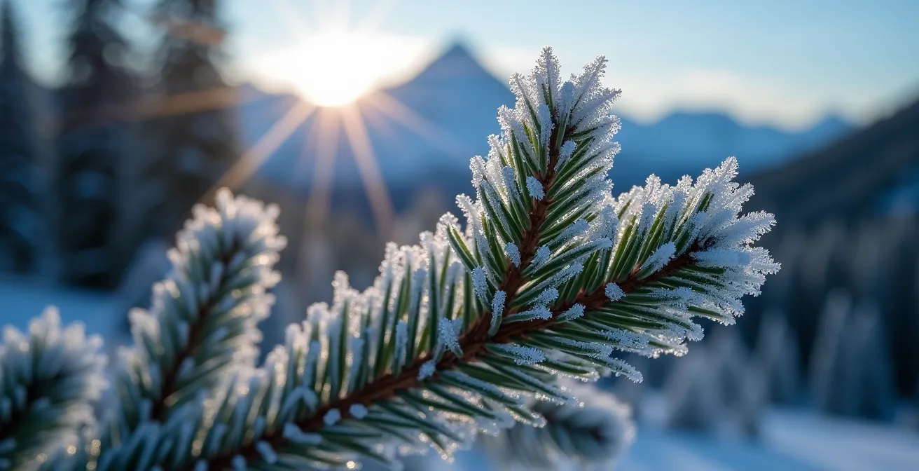 Vue macro détaillée de cristaux de glace sur une branche avec arrière-plan flou des Rocheuses canadiennes