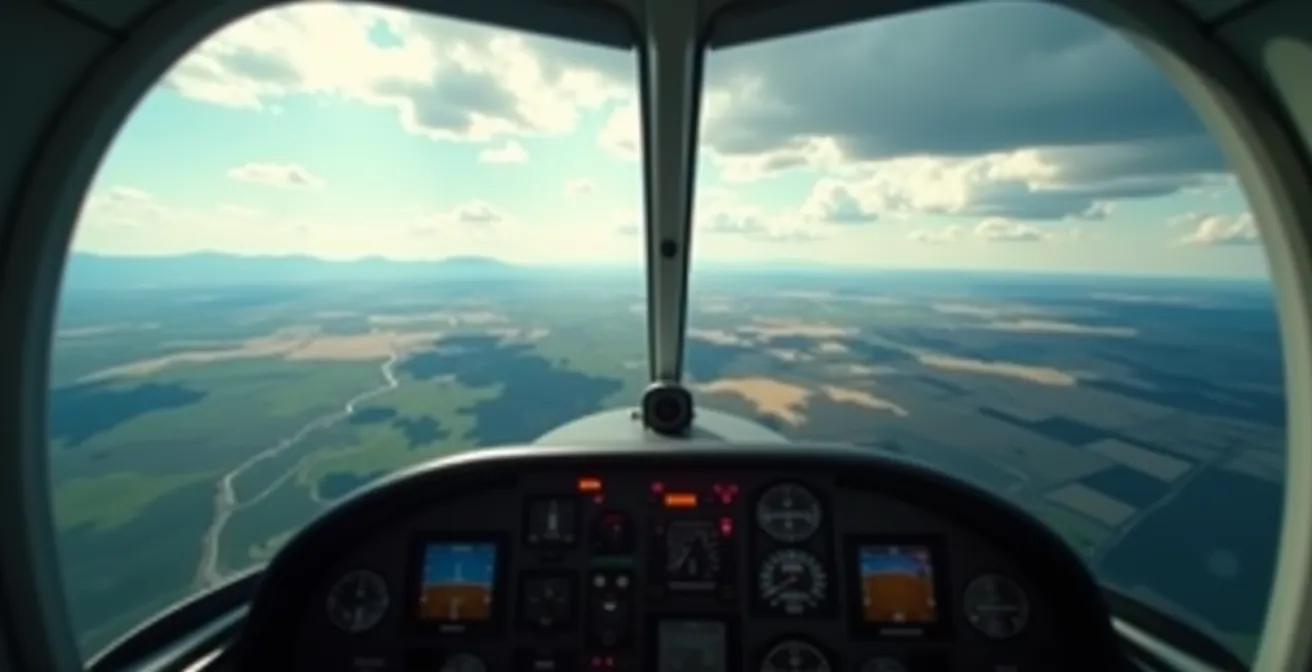 Vue grand angle d'un poste de pilotage d'avion moderne avec vue sur le paysage canadien, métaphore du pilotage économique