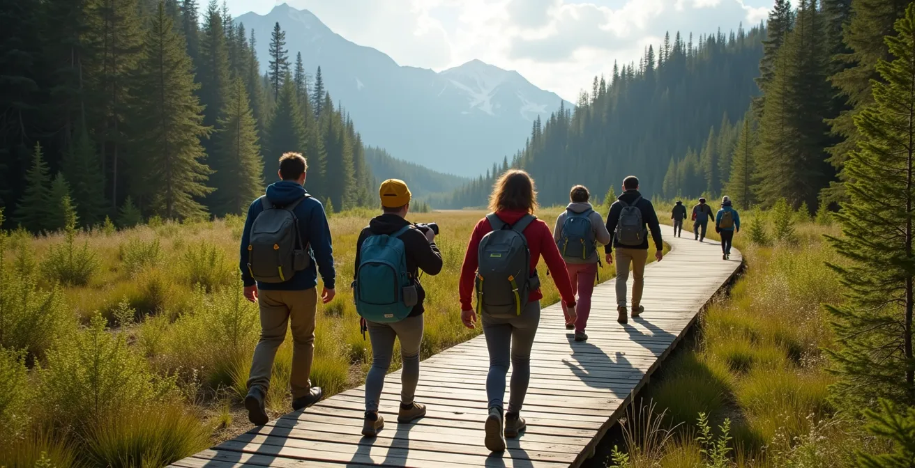 Touristes pratiquant l'écotourisme dans un parc naturel canadien avec respect de l'environnement