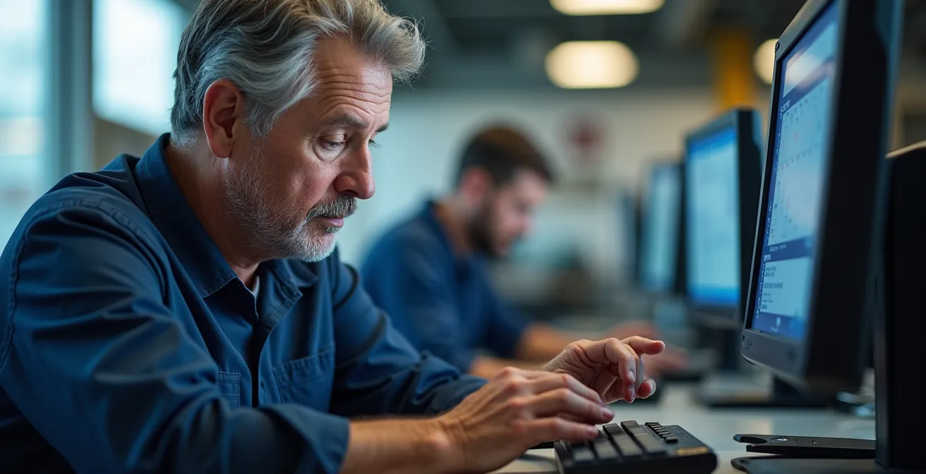 Travailleur automobile en formation sur un simulateur de système de batterie électrique dans un centre technique ontarien