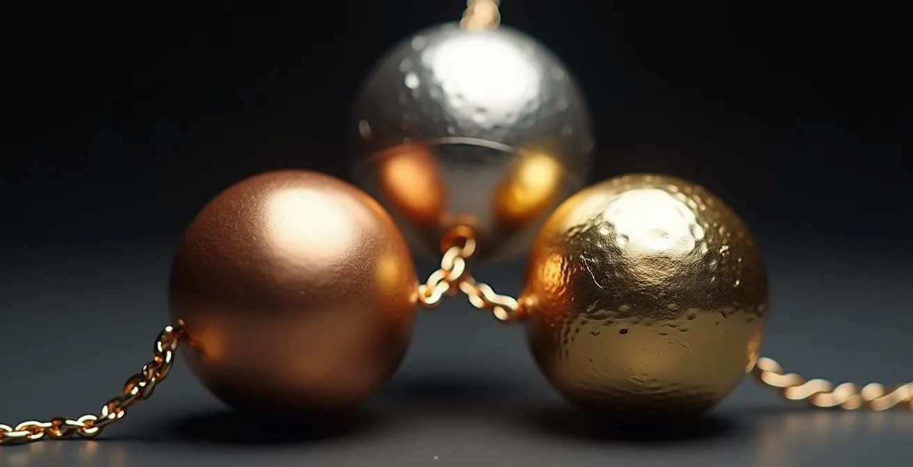 Composition triangulaire abstraite avec trois sphères interconnectées représentant le PIB, l'inflation et le chômage, dans un environnement minimaliste