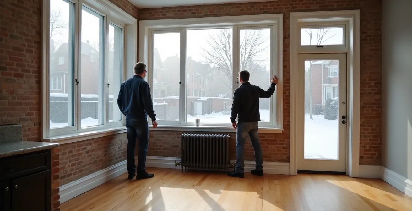 Couple visitant un appartement lumineux à Montréal en hiver