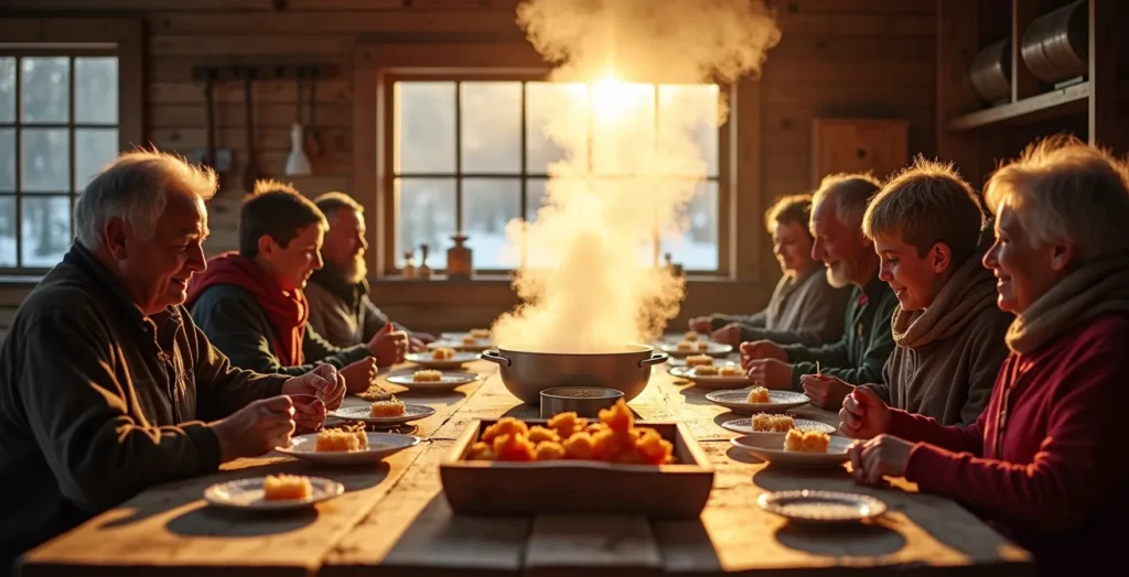 Intérieur chaleureux d'une cabane à sucre québécoise avec tables en bois, évaporateur fumant et tire sur la neige