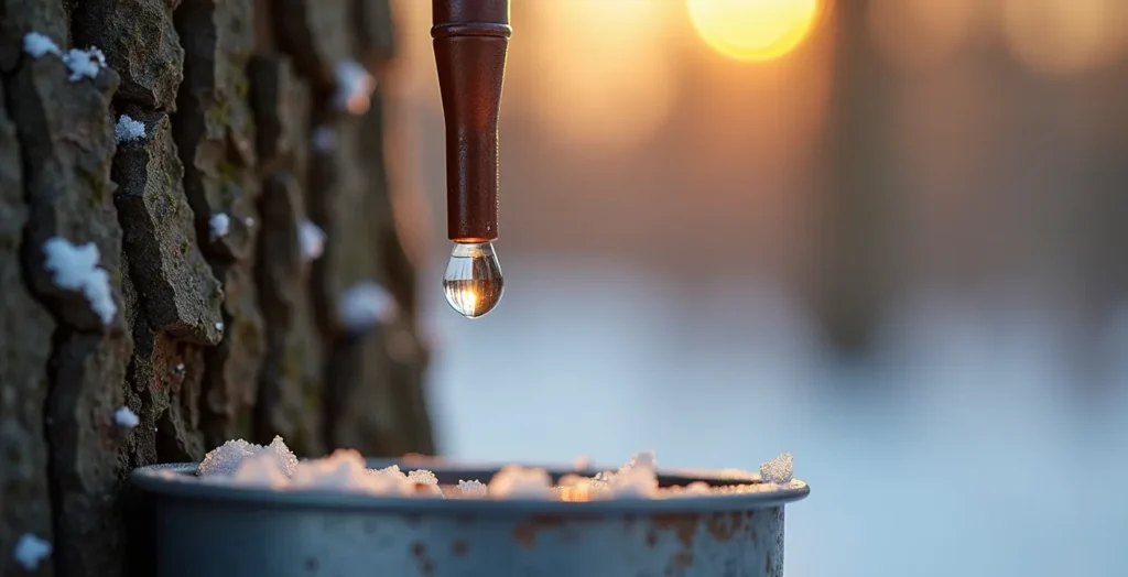 Gros plan macro sur une goutte de sève d'érable s'écoulant d'un chalumeau dans un seau métallique