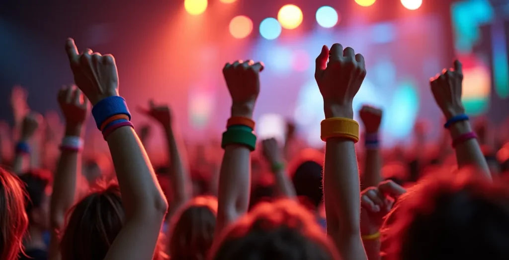 Vue en plongée d'une foule dense lors d'un festival d'été avec scène illuminée au loin Vue en plongée d'une foule dense lors d'un festival d'été avec scène illuminée au loin